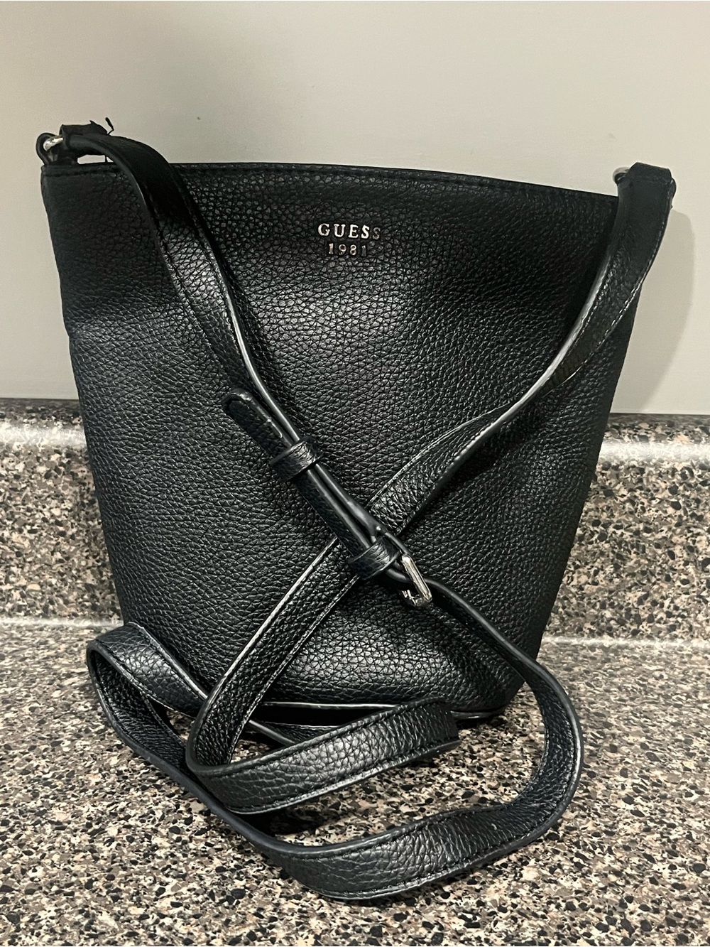 GUESS Black Pebbled Crossbody Bucket Bag